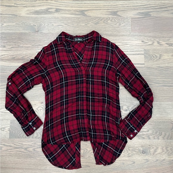 Sam Edelman Plaid Zipper Split Back Top Size S black and red with white stripes - Picture 11 of 15